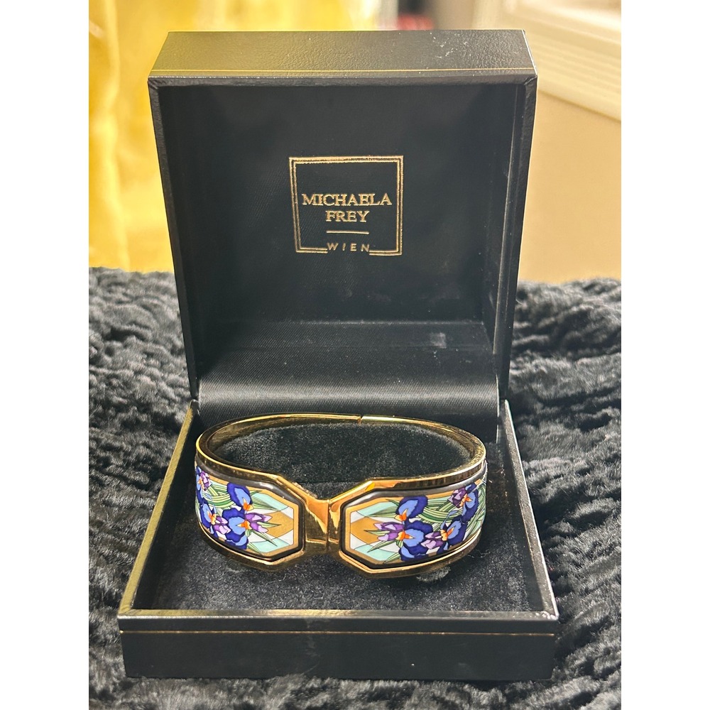 Michaela Frey Wien Vintage Enamel Hinged Bangle Bracelet Gold Tone Floral Iris